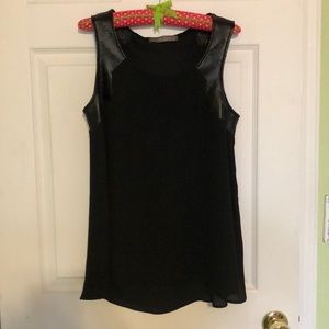 Black tank top with faux leather trim on sleeves